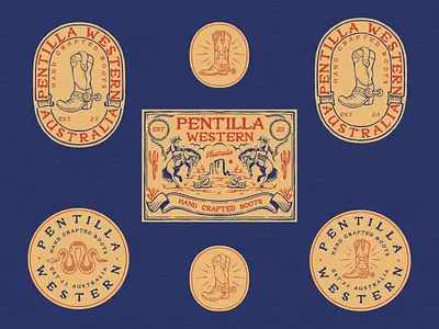 Pentilla Western Vintage Logo & Branding apparel artwork badgelogo boots branding graphic design hand drawn handcrafted horse illustration label design logo logodesign merchandise retrodesign snake vintage illustration vintage logo western westernstyle