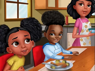 Family Kitchen Moments | Narrative Illustration 2d character design character design character expression childrens book illustration childrens illustration niche cute kids art digital painting diverse characters educational art family scene home atmosphere interior scene kid lit artist kitchen illustration narrative illustration picture book artist soft shading storybook art visual storytelling whimsical art