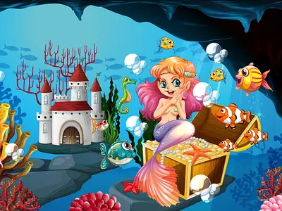 The Mermaid’s Secret Cove | Children's Illustration 2d animation style character design childrens book illustration childrens illustration niche coral reef cute mermaid digital illustration fantasy art for kids kid lit artist mermaid illustration narrative art ocean world picture book art sea creatures storybook artist treasure chest art underwater scene vector art vibrant colors whimsical art