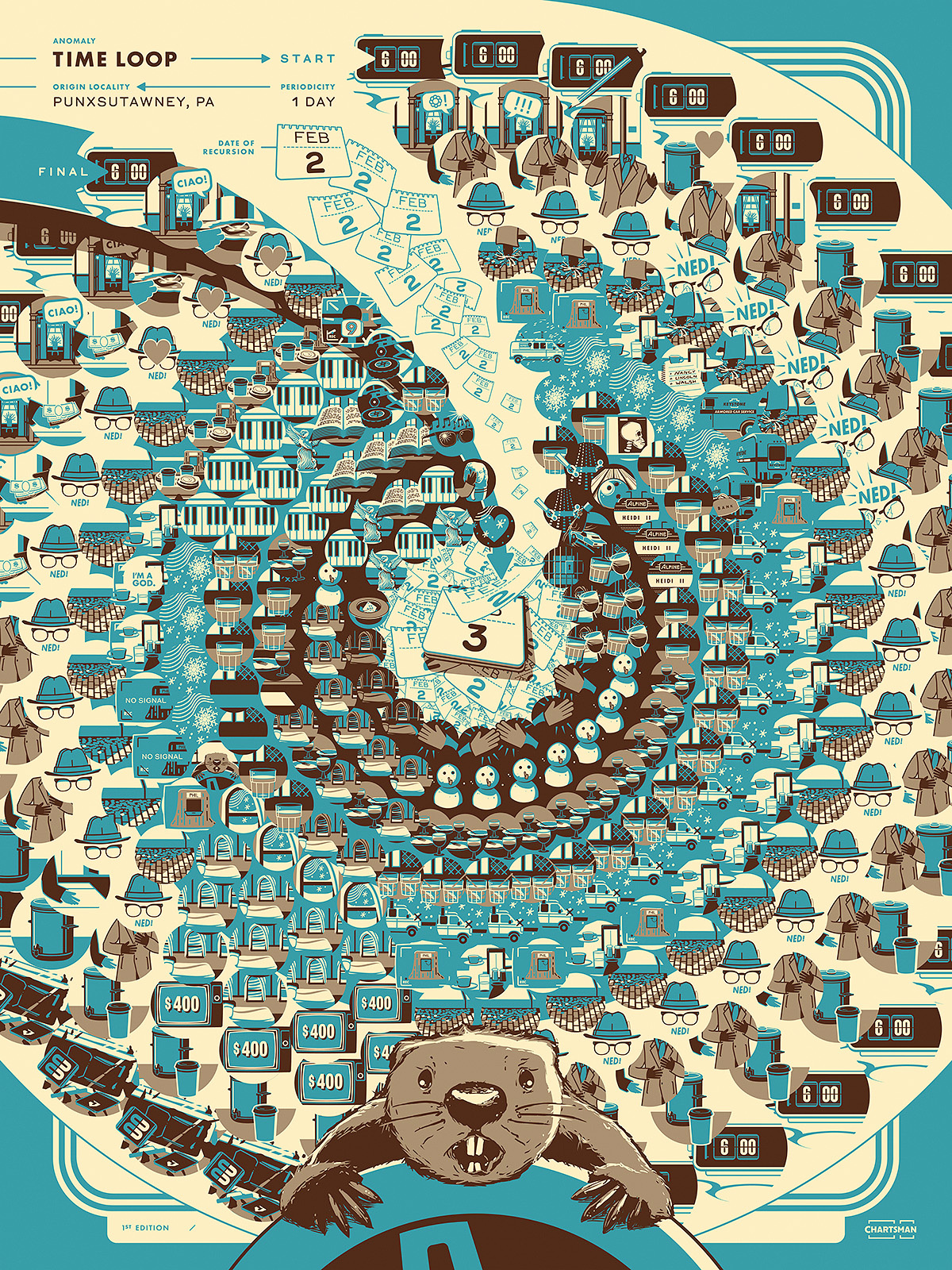 Time Loop. Groundhog Day. bill murray detailed french paper illustration insane maximalism movie poster pattern pop culture rodent screen print spiral time travel vector