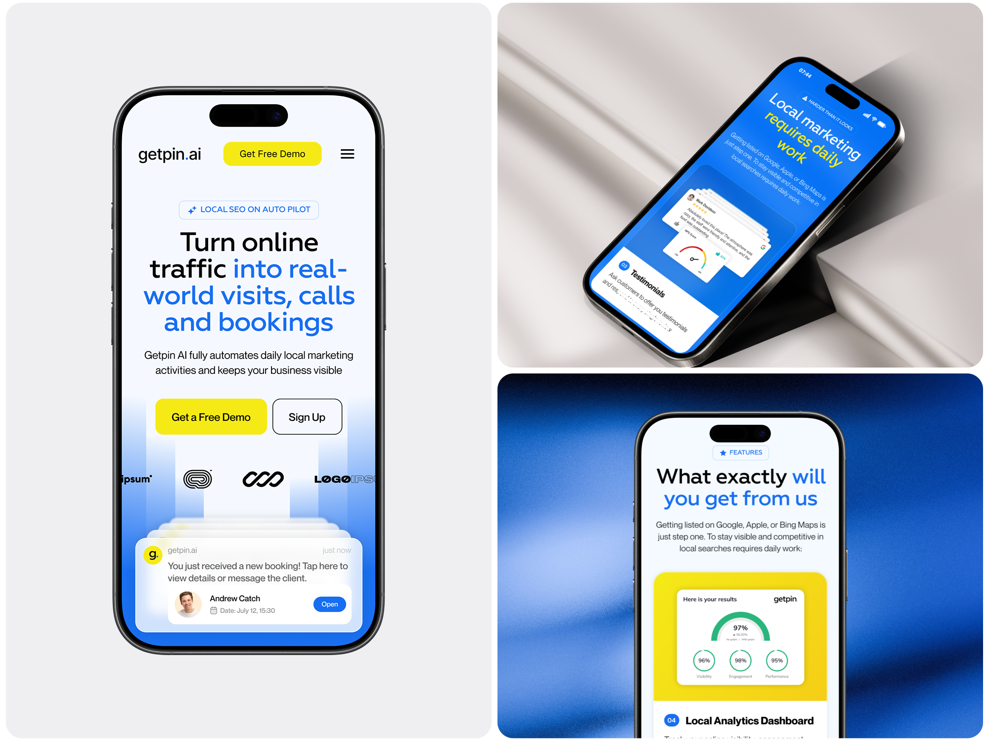 Getpin — AI SaaS Mobile Marketing UI ai b2b figma framer landing page redesign responsive design saas startup ui ux webdesign webflow website website design wordpress
