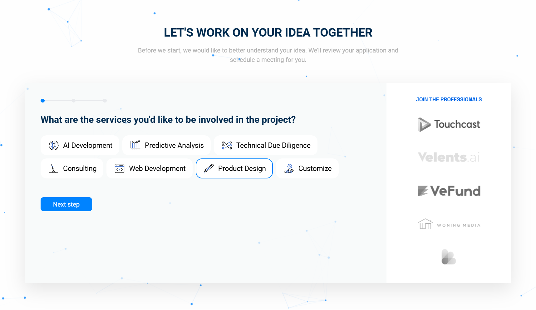 Interactive multi-step form for Contact Page animation company contact form progress services stepper steps tech ui website