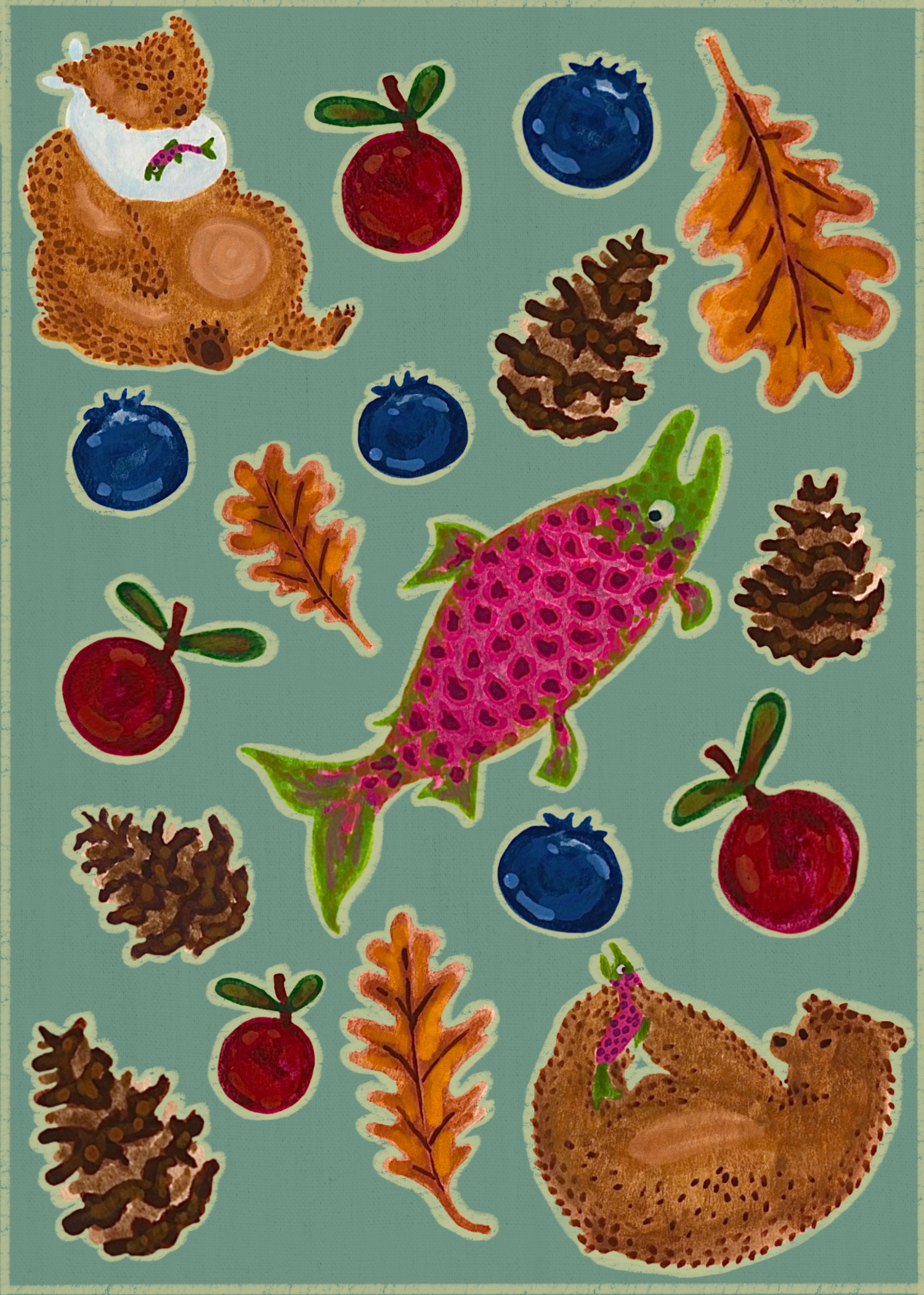 Art Licensing: Bear and Salmon Collection digital gouache paint illustration procreate traditional