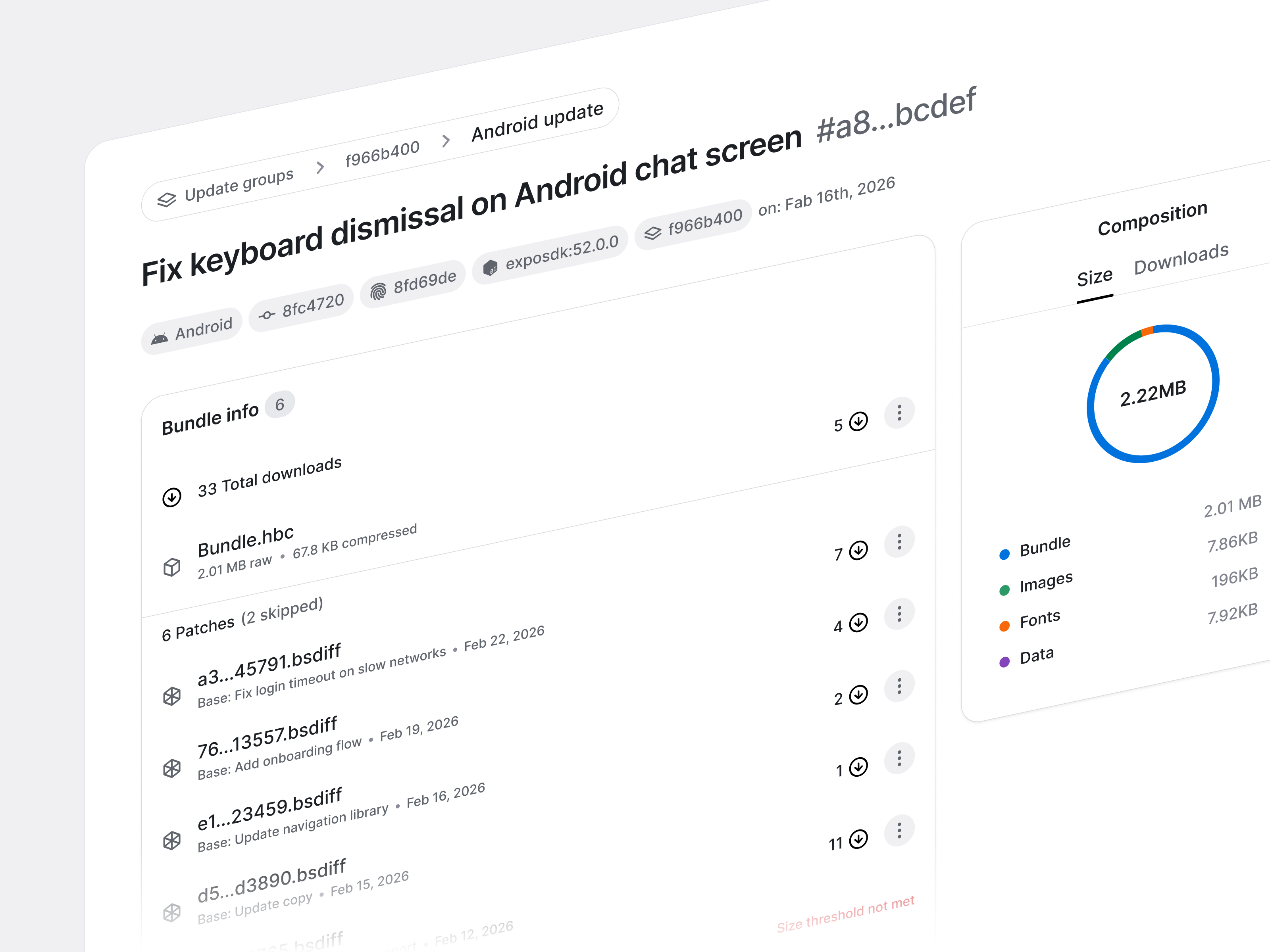 Expo update detail screen upgrade app build dashboard developer devtool layout product ui web