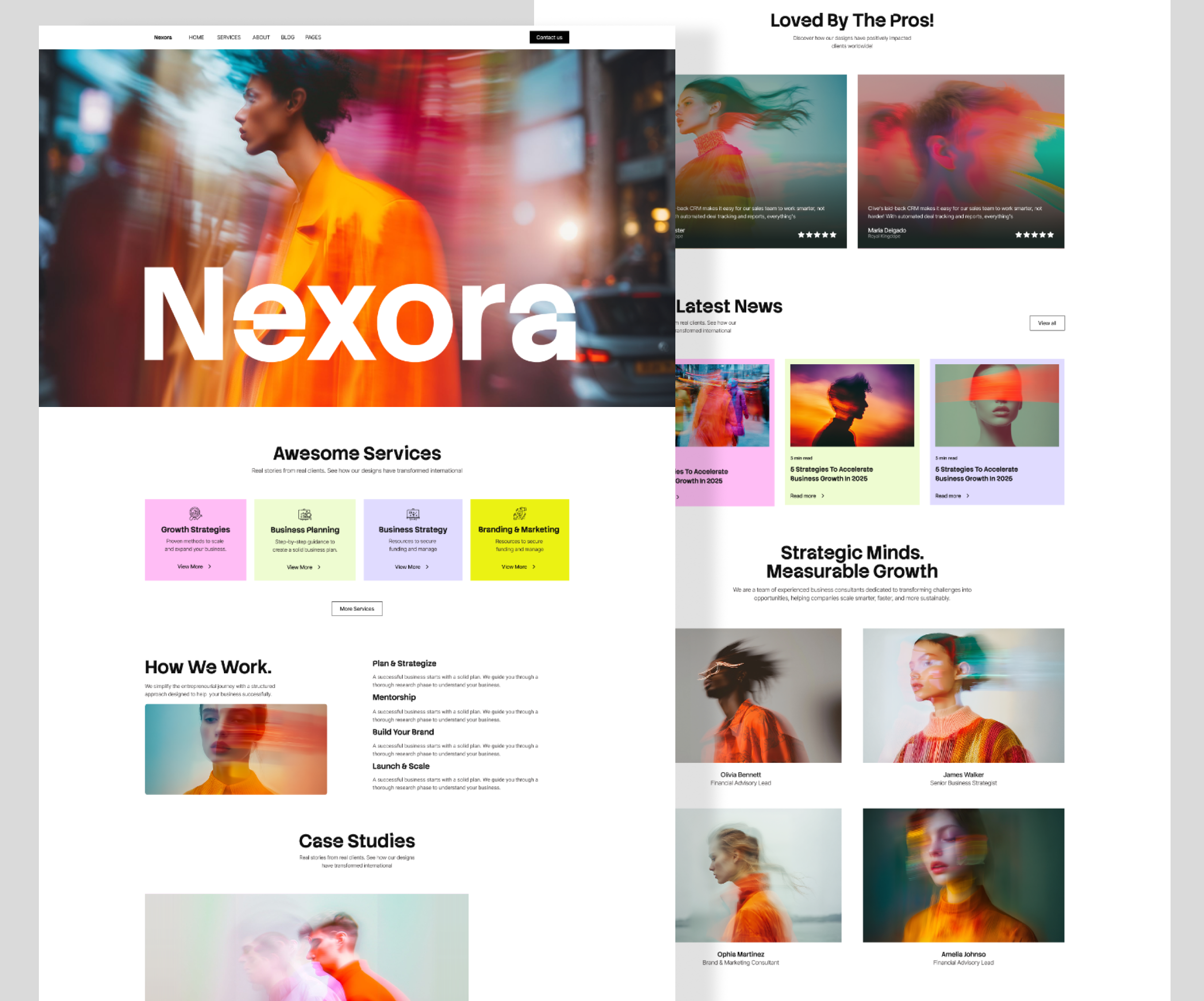 Nexora — Modern Business Consulting Website UI bold typography business website clean layout color blocking consulting agency corporate ui creative agency dribbble shot figma design grid layout homepage design landing page design minimal ui modern web design professional website saas website startup website uiux design web design concept website inspiration