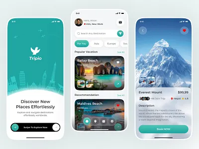 Travel Exploration Mobile App UI Design app concept app design app onboarding booking app hotel booking mobile app ios app mobile app mobile ux design modern travel app interface resort booking travel app travel exploration app travel inspiration app travel mobile app trip booking app trip planning ui uiux design vacation planner