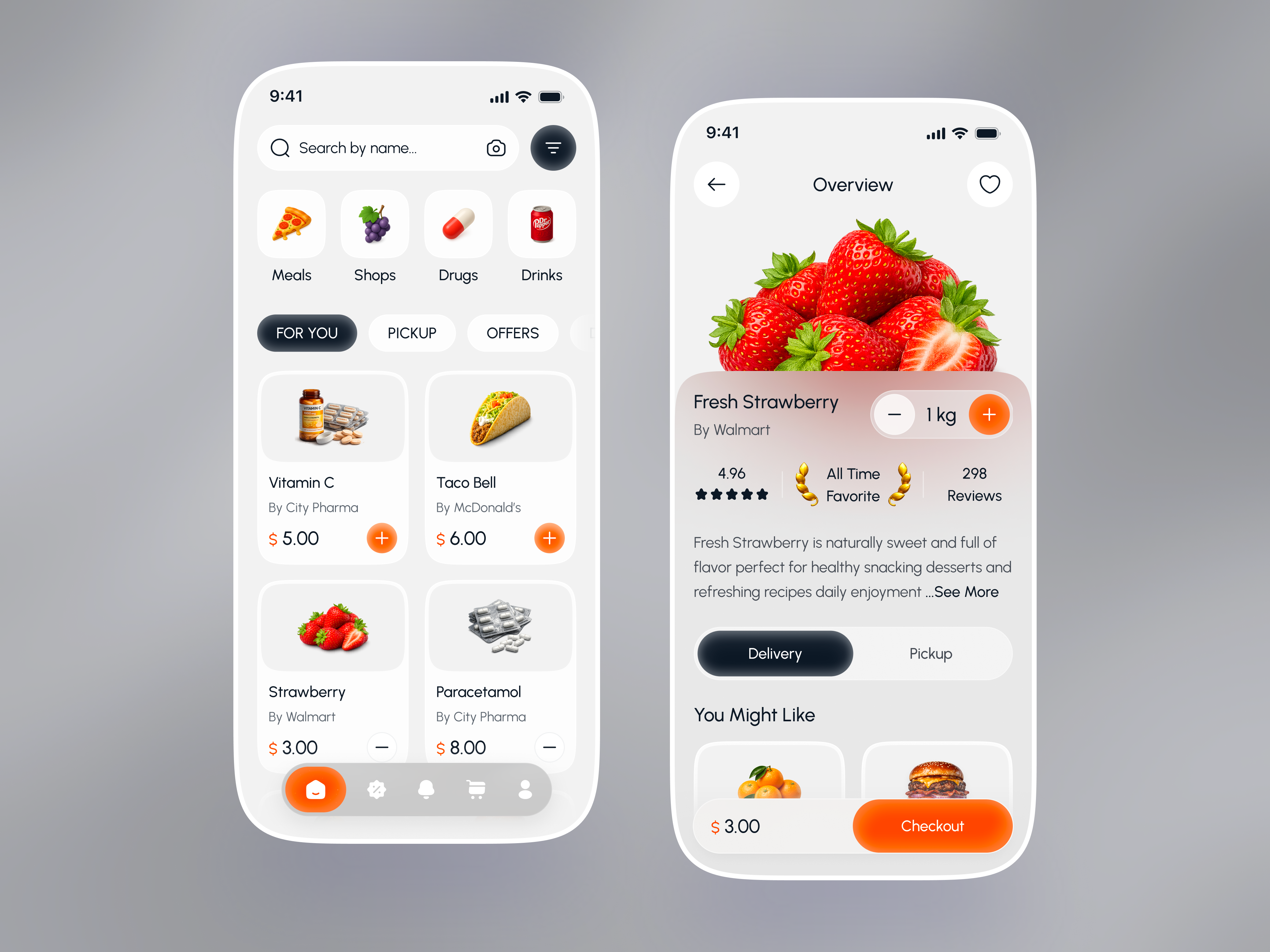 Home & Overview Page - Food Delivery Mobile App add to cart app onboarding b2c app cart interaction category navigation checkout flow consumer app delivery app ui food delivery app grocery delivery home screen ui mobile commerce orange accent order tracking pharmacy delivery product card design product overview quantity selector rating system soft ui