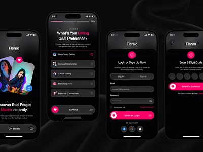 Onboarding, Login & Signup Page UI Design | AI Dating Mobile App app create account dating app dating onboarding screen ios app login login form login page mobile mobile app onboarding screen otp veification registration sign in sign up splash screen ui user interface ux