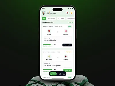 Sports Betting Tips App appdesign appui dashboarddesign datavisualization designinspiration dribbbleshot fintechdesign interactiondesign mobileappdesign mobileui productdesign saasdesign sportsanalytics sportsapp sportstech startupdesign uidesign uiux uxdesign uxinspiration