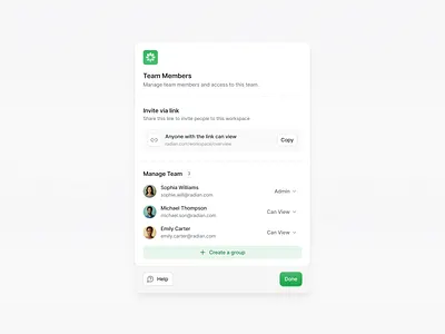 Invite team Modal — Radian access control admin panel clean ui collaboration dashboard design system interface design invite flow minimal ui modal design permission system product design radian radian os saas design settings page team management ui design user management workspace