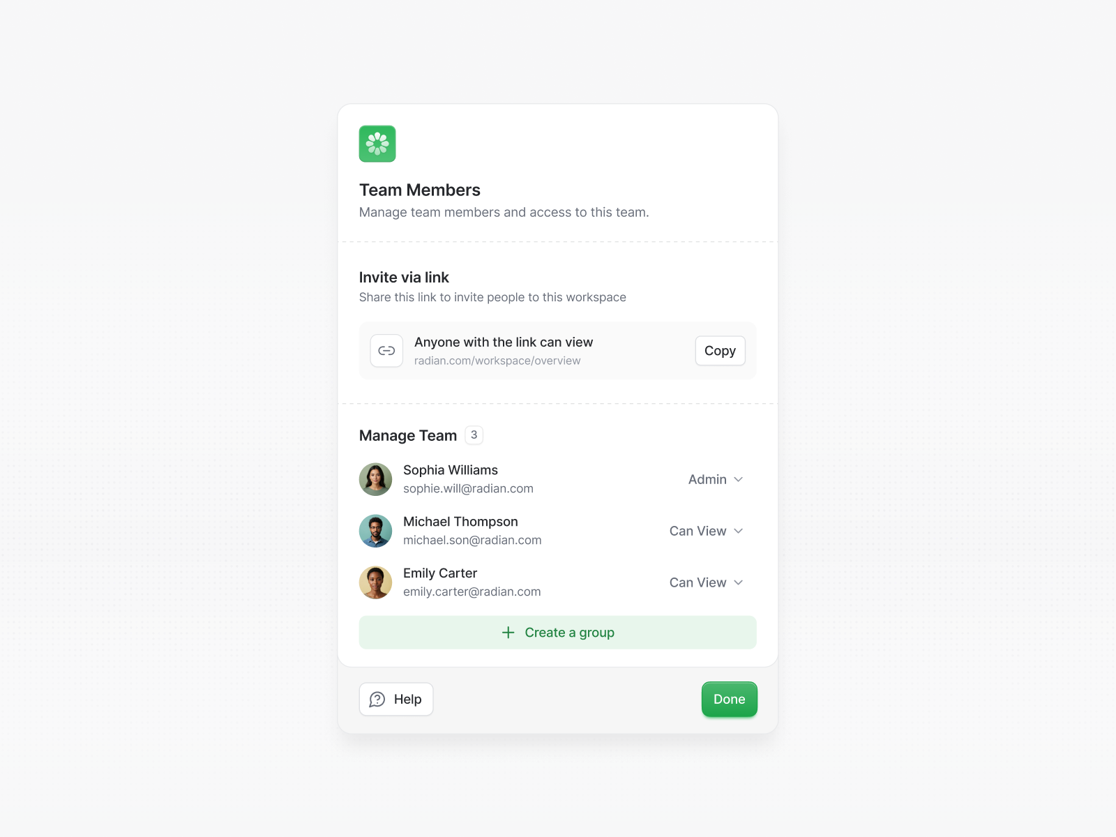 Invite team Modal —  Radian