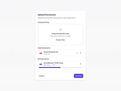 Upload files modal — Built with Radian clean interface document management document upload drag and drop file upload files fintech ui minimal ui product design progress bar radian radian design system radian ui saas dashboard ui upload flow verification flow web app ui
