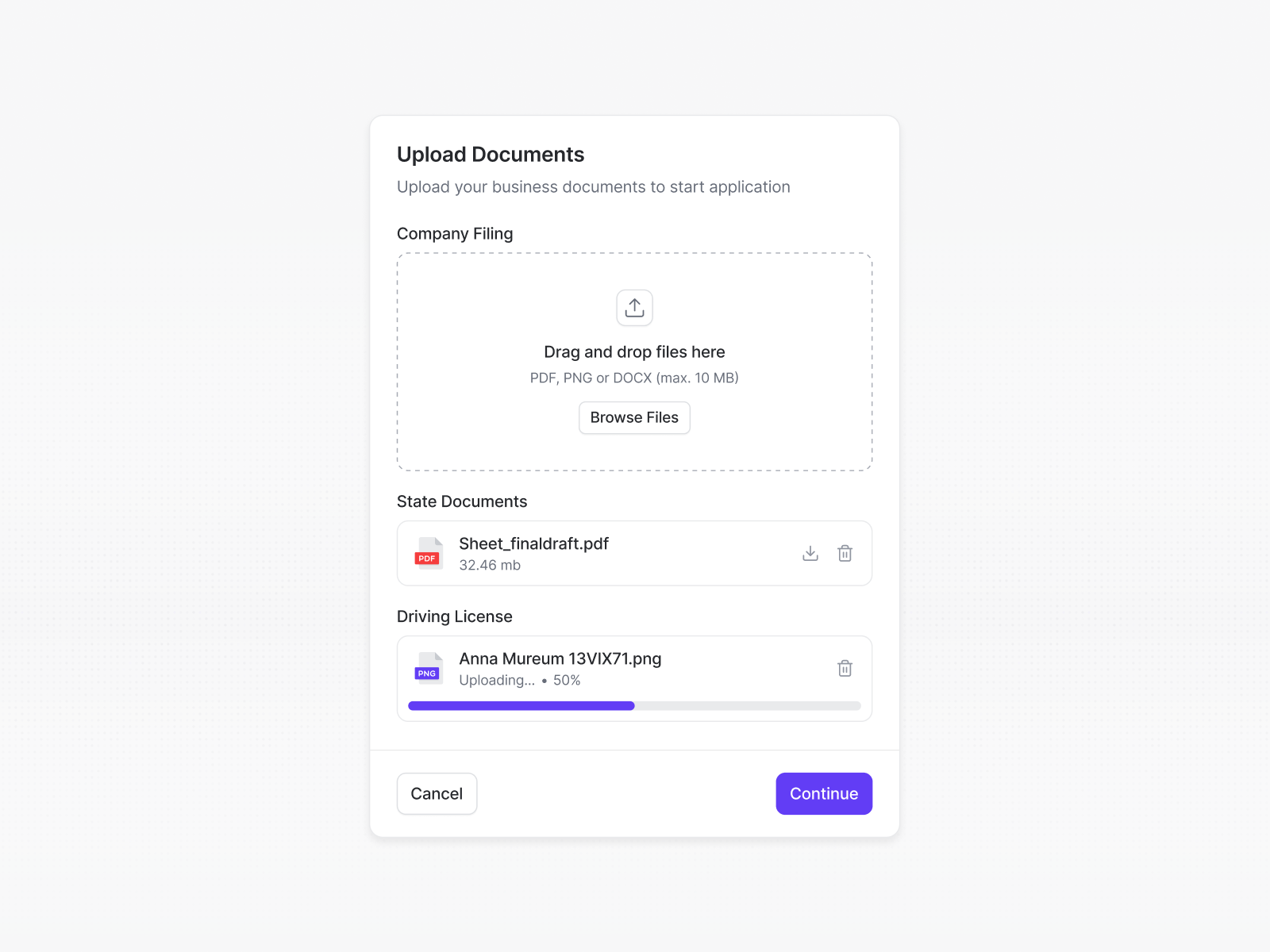 Example of Upload files modal — Built with Radian