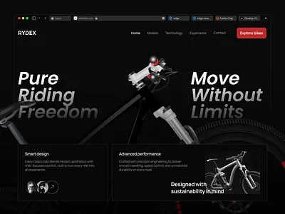 RYDEX – Future-Ready Electric Bike Website bikesharing dribbble ebike ecycle electric bike electricbike landingpage modern design product roadbike smart bike web design webdesign
