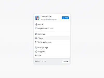 User Profile Modal - Radian os app design clean design componnet design dashboard design system dropdown figma design frontend minimalist navigation product design profile ui radian ui saasui ui userexperience userinterface ux web ui webdesign