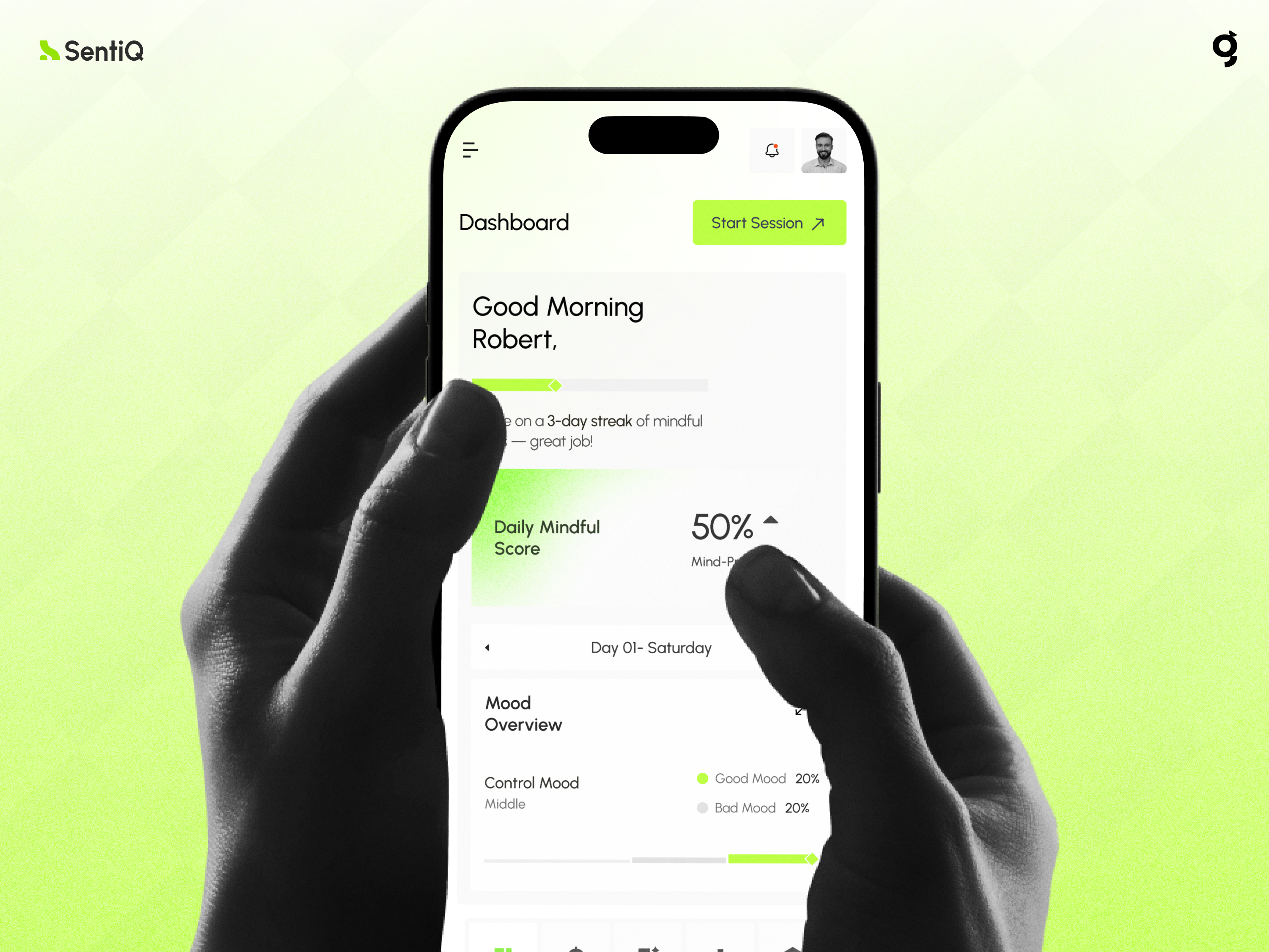 SentIQ - Mental Health App Home Screen | UI UX Design | Glacio app design crm dashboard glacio health app health tech home hr app hr saas mental health mobile app motion graphics nazirul saas sentiq ui ui design ux ux design wellness app