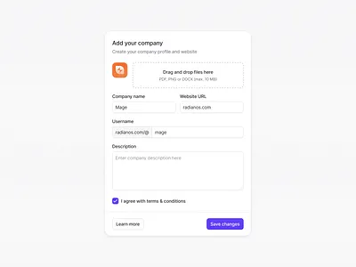 Company Settings Modal — Radianos business ui clean ui dashboard design design system figma forms input design interface design minimalism modern ui onboarding product design radian saas ui user interface ux ux design web design web development