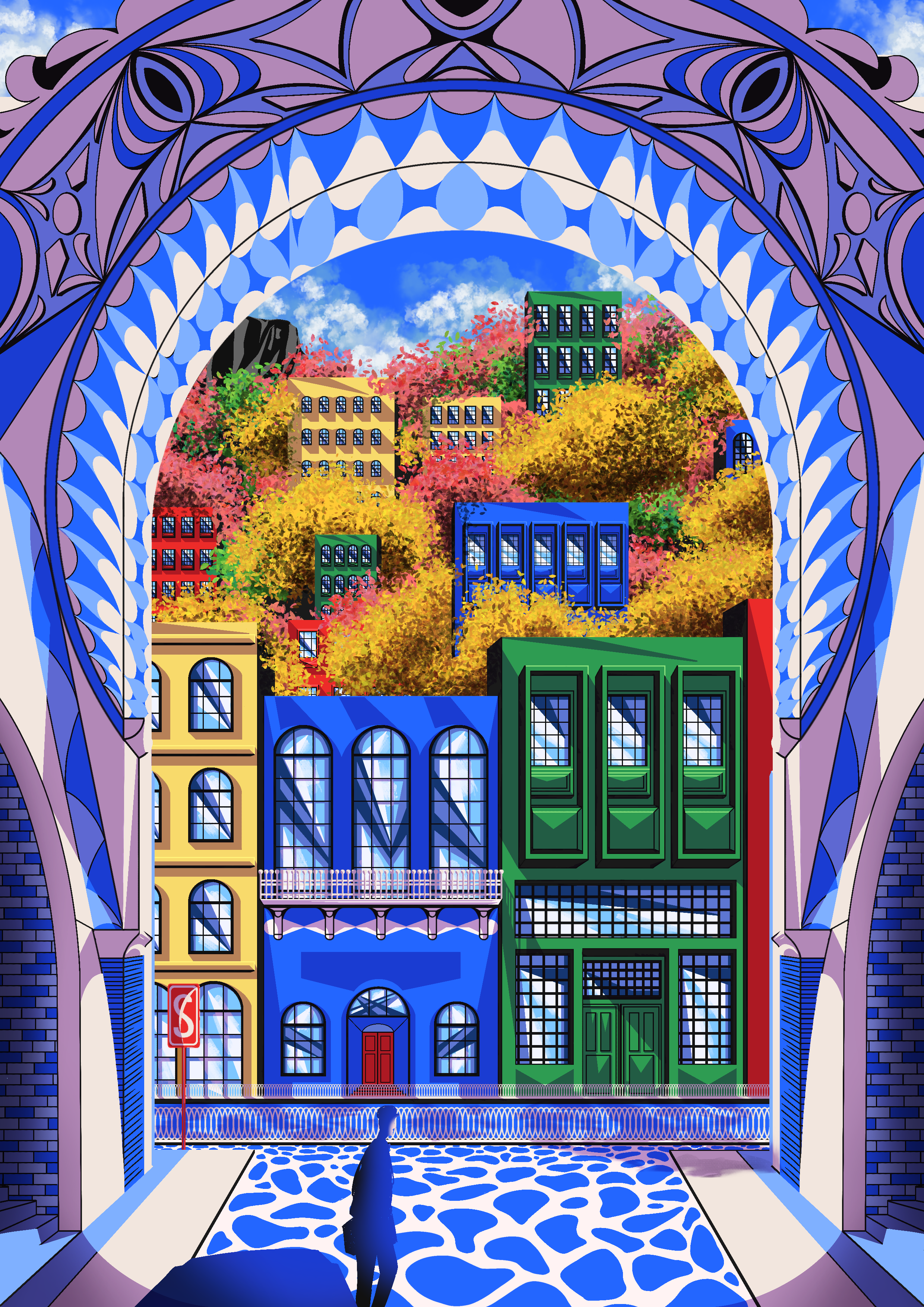 Riverside Tourist settlement cover art editorial illustfire illustration landscape riverside scenery