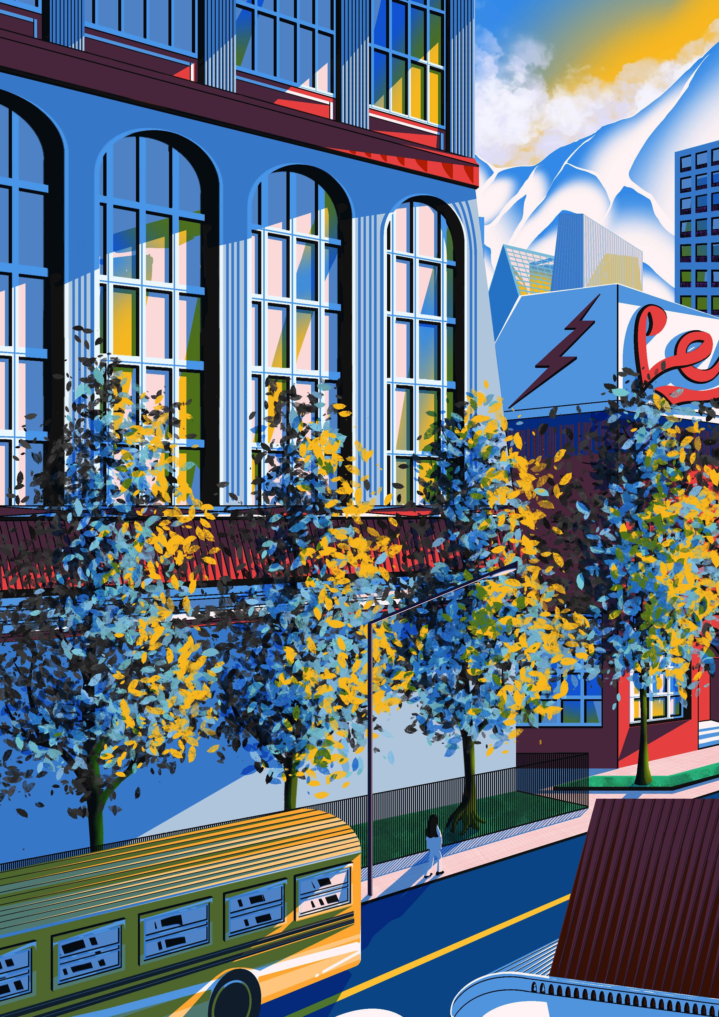 City ​​Library Bus Stop city cover art editorial illustfire illustration library scenery school bus