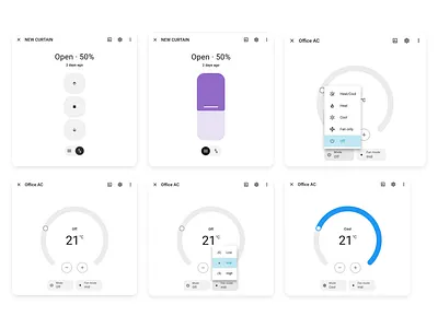 Smart Home Control Cards UI (AC & Curtain) carddesign dashboardui figma figmadesign interactiondesign interfacedesign minimalui modernui motion graphics productdesign smarthomeui ui uicomponents uidesign uiux uxdesign