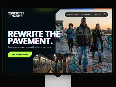 Concrete Theory, Streetwear E, commerce Hero Concept. branding concept design creative direction dark ui e commerce fashion website hero section interaction design landing page modern design streetwear typography ui design ux design web design