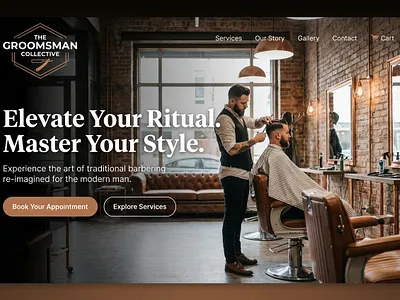 Grooming Experience Website, Barbershop Landing Page UI. barbershop website dark theme grooming brand hero section landing page minimal design modern ui service website typography ui design ux design web design