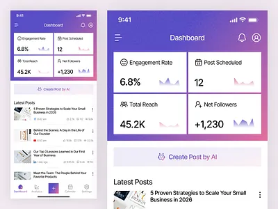 AI Social Media Content Generator Mobile App — SaaS Dashboard UI ai app ai ui analytics dashboard app design case study clean ui dashboard ui figma design gradient ui mobile app mobile ui modern ui product design saas design social media app startup app ui design user experience user interface ux design