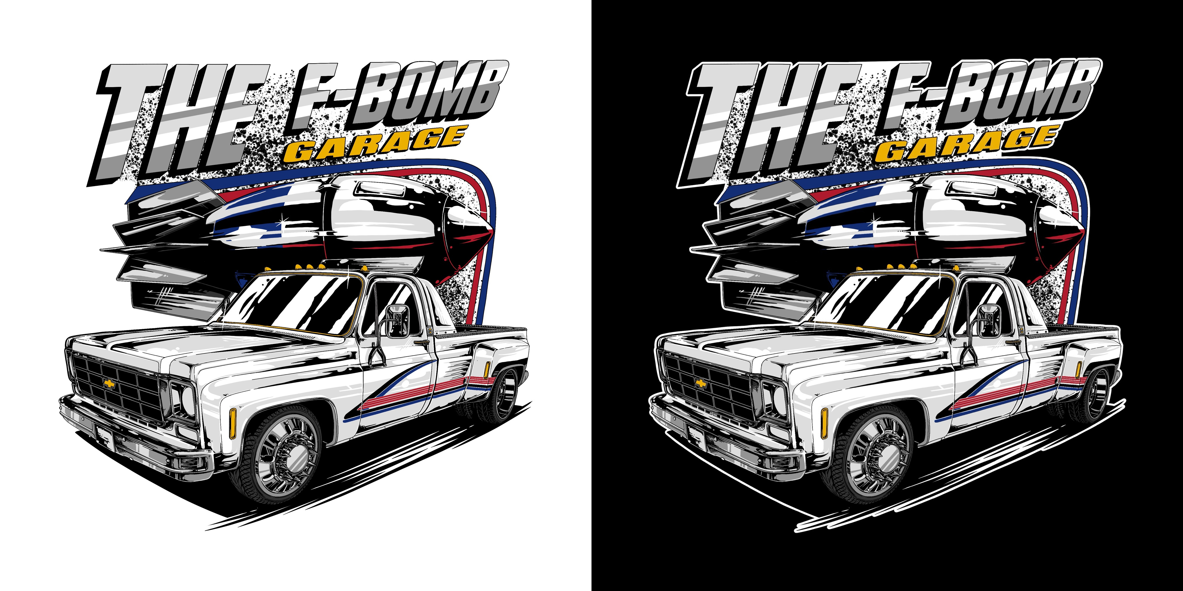 THE F-BOMB GARAGE 2d art apparel car design car garage character illustration clothing custom hand drawing illustration illustration art retro t shirt t shirt design vintage vintage illustration