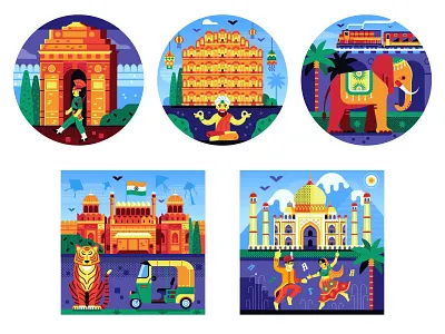 India Travel Patches dancing deli elephant flat design illustration india indian landmarks local red fort scenes taj mahal tiger travel