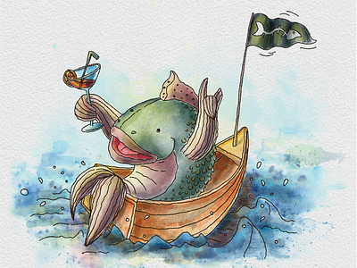 FISH IS SAILING AWAY ON THE BOAT WITH A PIRATE FLAG. boat cocktail digital illustration digital watercolor digital watercolour fin fish fish bone fun illustration pirate flag pirate vessel rock sailing sailor sea watercolor watercolour waves