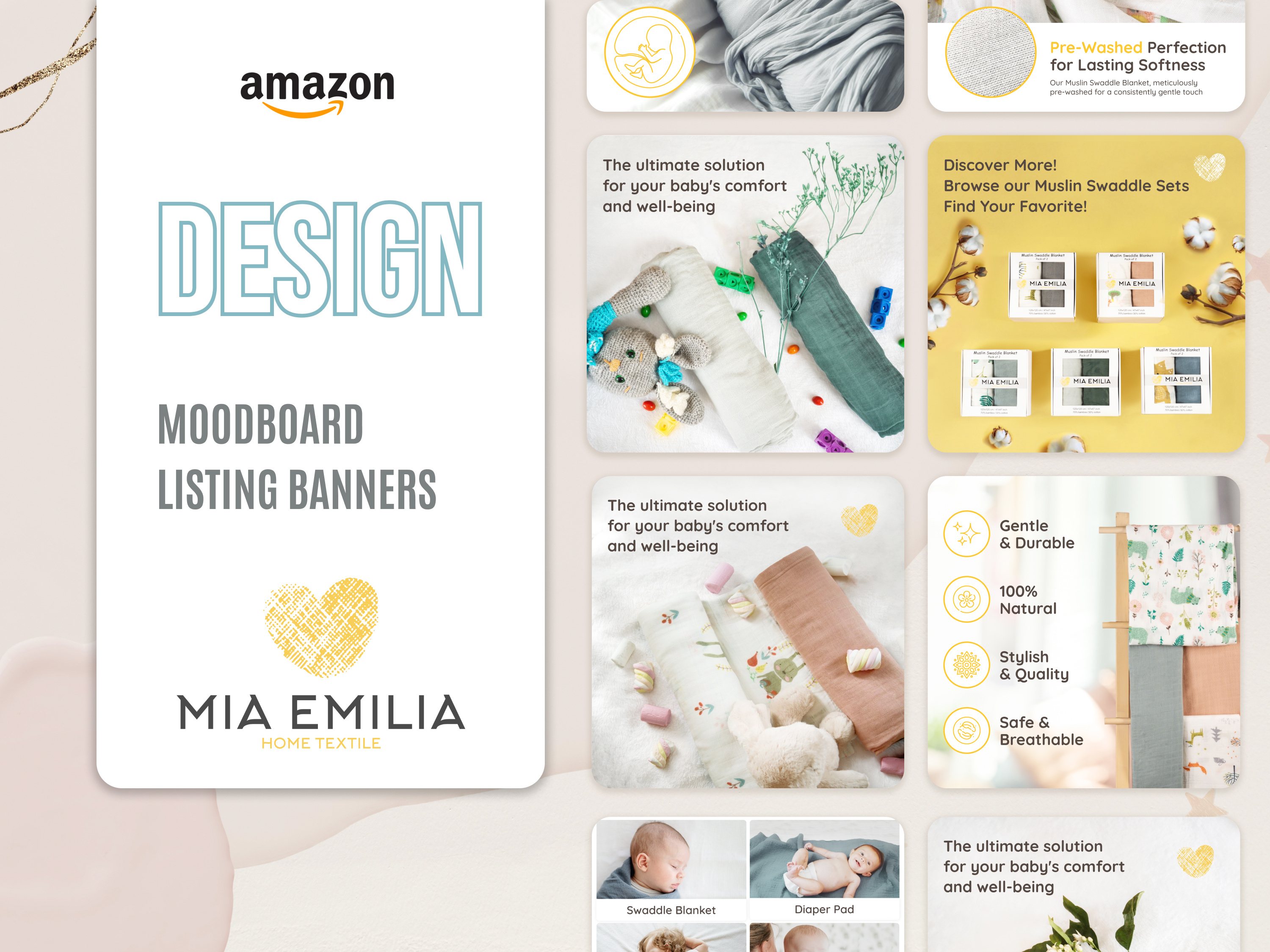 Amazon Design Moodboard Listing Banners for Home Textile Company amazon a content amazon design amazon storefront design digital marketing design ecommerce branding home decor design home goods branding home textile branding home textile ecommerce home textile moodboard home textiles for sale listing banner design marketing banners product listing design product moodboard textile industry design textile packaging design textile product photography visual branding visual identity