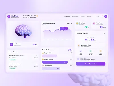 MindCare - Mental Health Dashboard UI 🧠💜 appointment branding calm chart dashboard design gradient graphic design health healthcare latest logo new trending ui uiux