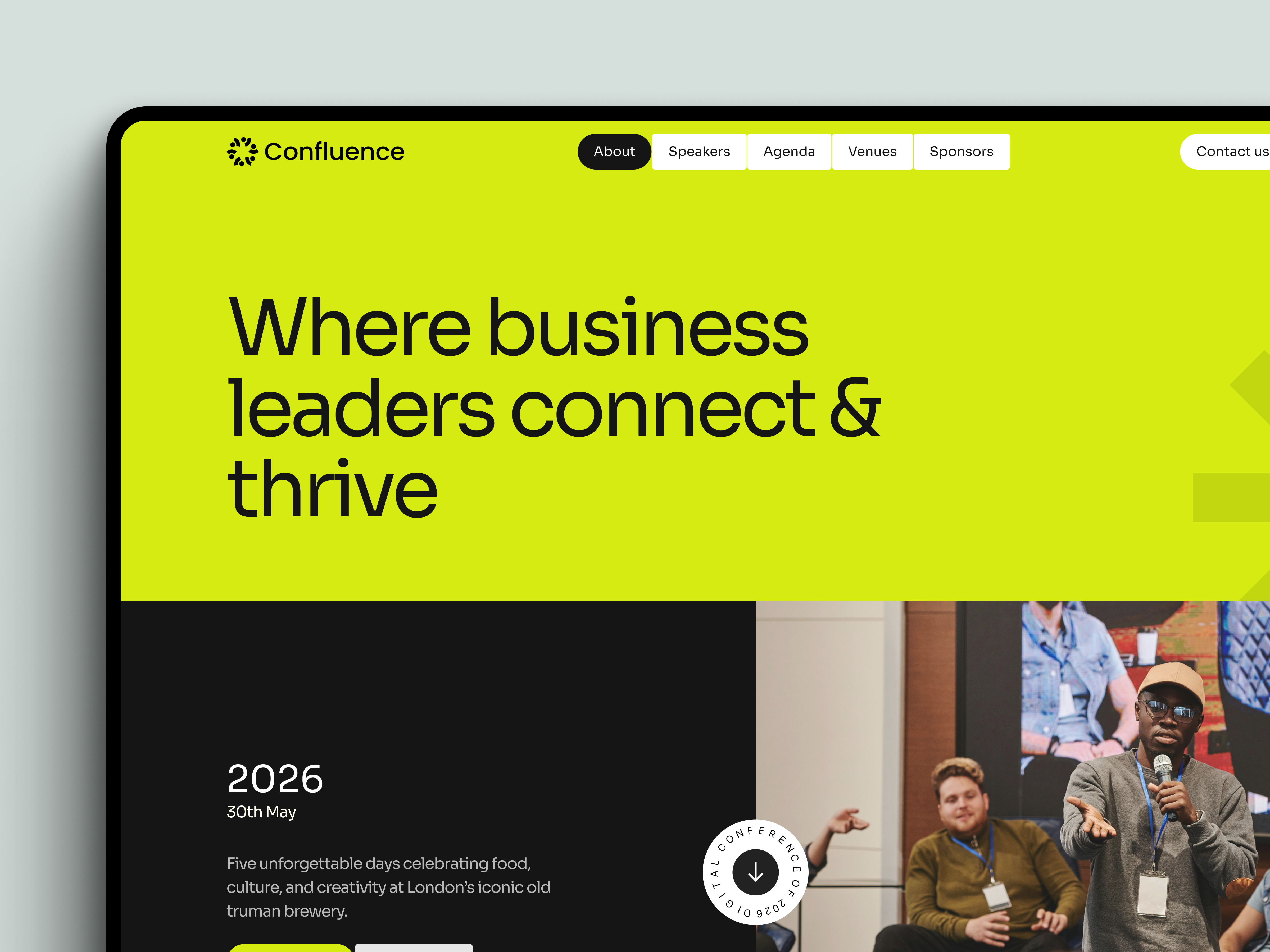 Business Event & Conference UI/UX —Modern Landing Page agenda ui business event business landing page clean ui conference website confluence corporate event dark mode ui event design landing page minimalist web design modern website neon design professional web design responsive web design saas ui uiux design user interface ux design web design