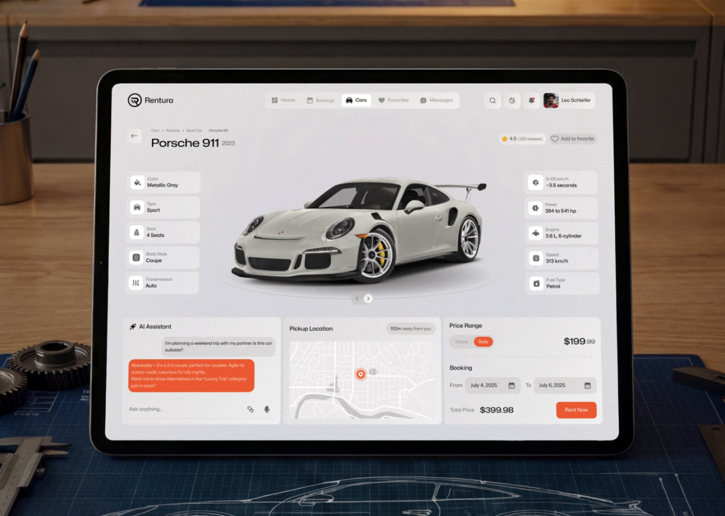 Example of Car Rental App UI - Vehicle Details, Booking Flow, AI Assistant