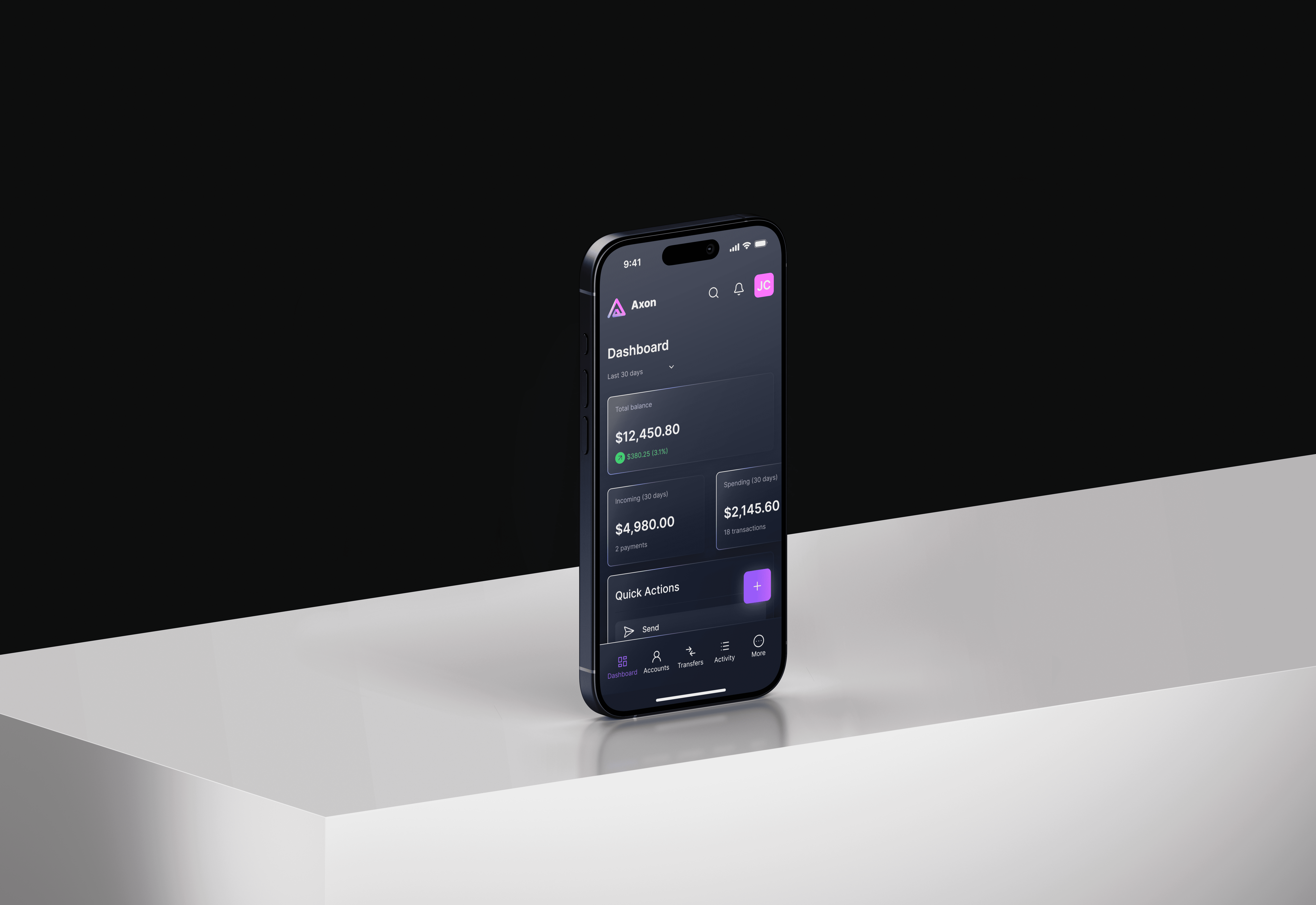 Axon — Banking Dashboard & Transfer Flow appdesign dark mode dashboard design finance ui fintech mobile mobileapp product design transfer money ui ux webapp