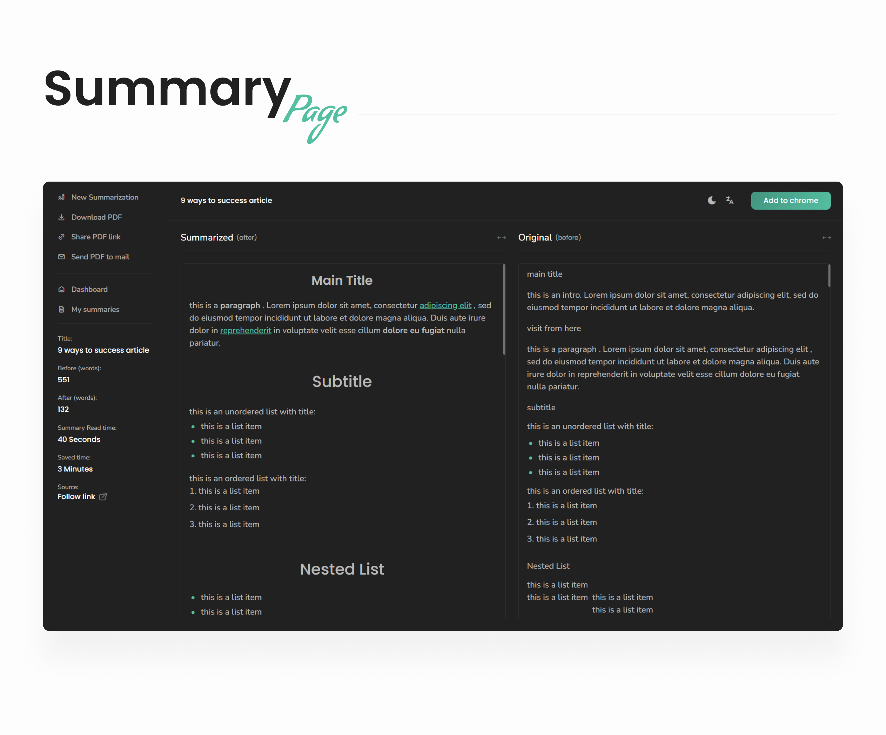 Content, Article, and Summary Page - Light & Dark Theme ai article automation blog content dashboard design saas summarize summary text ui ux video website