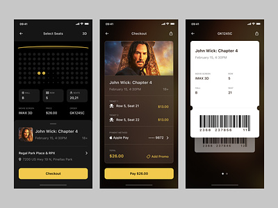 Cinema booking system application booking cinema dark design ios mobile movie seat ticket