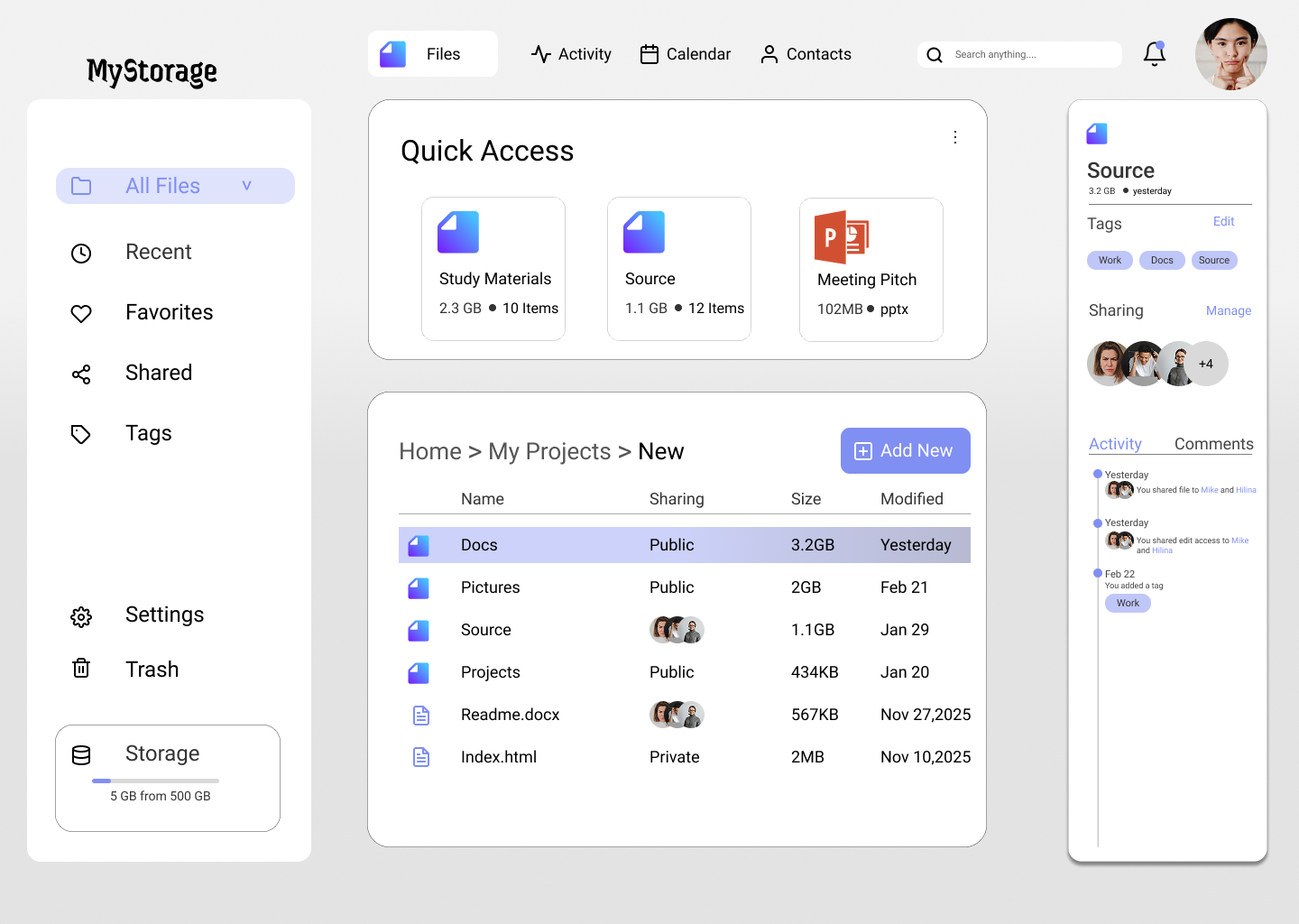 MyStorage Dashboard – File Management UI