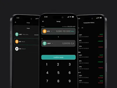 Crypto Swap and Transactions UI app flow design blockchain app ui crypto exchange app crypto swap ui crypto wallet design dark mode app digital asset app exchange app design financial app interface fintech product design fintech ux ios fintech app mobile app ux mobile finance app money transfer app payment flow ui swap interface trading app design transaction history ui wallet app ui
