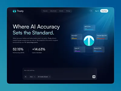 Trusty - AI Accuracy Landing Page UI/UX Design ai assistance ai landing page ai platform ai website benchmark chatbot logo product design saas top design uiux designer website