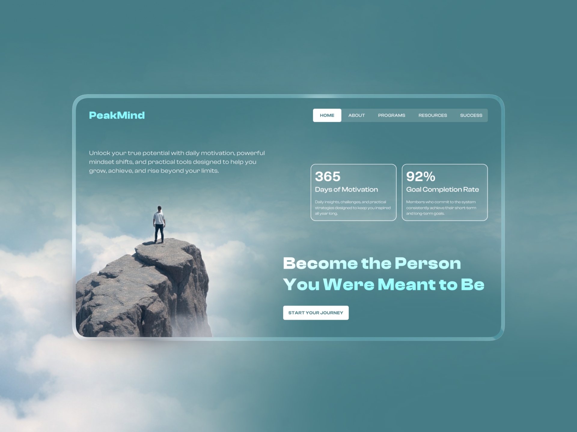 PeakMind – Motivational Landing Page Hero Section UI blue aesthetic branding clean ui coaching website dribbble shot hero section landing page mindset minimal design modern website motivational website personal growth productivity saas design self improvement startup website ui design ux design web design website concept
