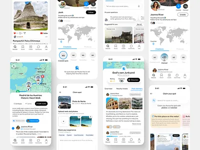 Social Travel Platform UI Design app ui design digital travel product explore feed itinerary planner location discovery map interface ui mobile app ux mobile interface personalized travel app product design social discovery platform social travel ui tourism platform design travel app ui travel community app travel discovery platform travel ecosystem travel startup trip planning app user experience design