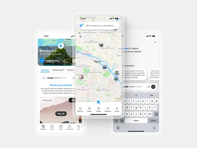 Social Travel Planning App UI ai travel assistant app ui design digital travel product explore map ui itinerary planner location discovery app map interface design mobile app ux personalized travel app product design mobile route planning app smart travel planning social travel platform tourism platform travel app ui travel planner app travel startup travel technology trip planning ui voice input ui