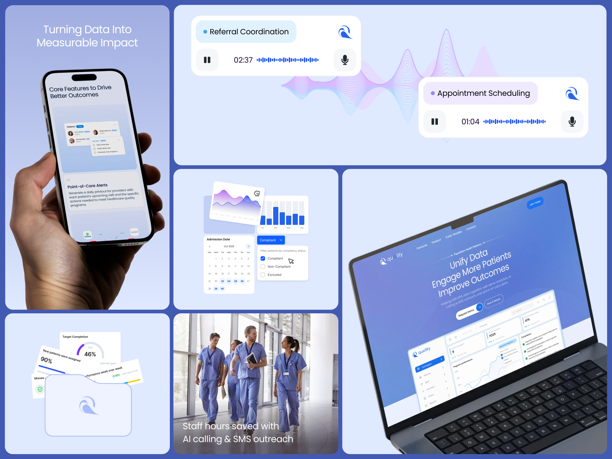 Quaility | AI Health-Tech SaaS Dashboard & Mobile UI ai b2b figma framer landing page redesign responsive design saas startup ui ux webdesign webflow website website design wordpress