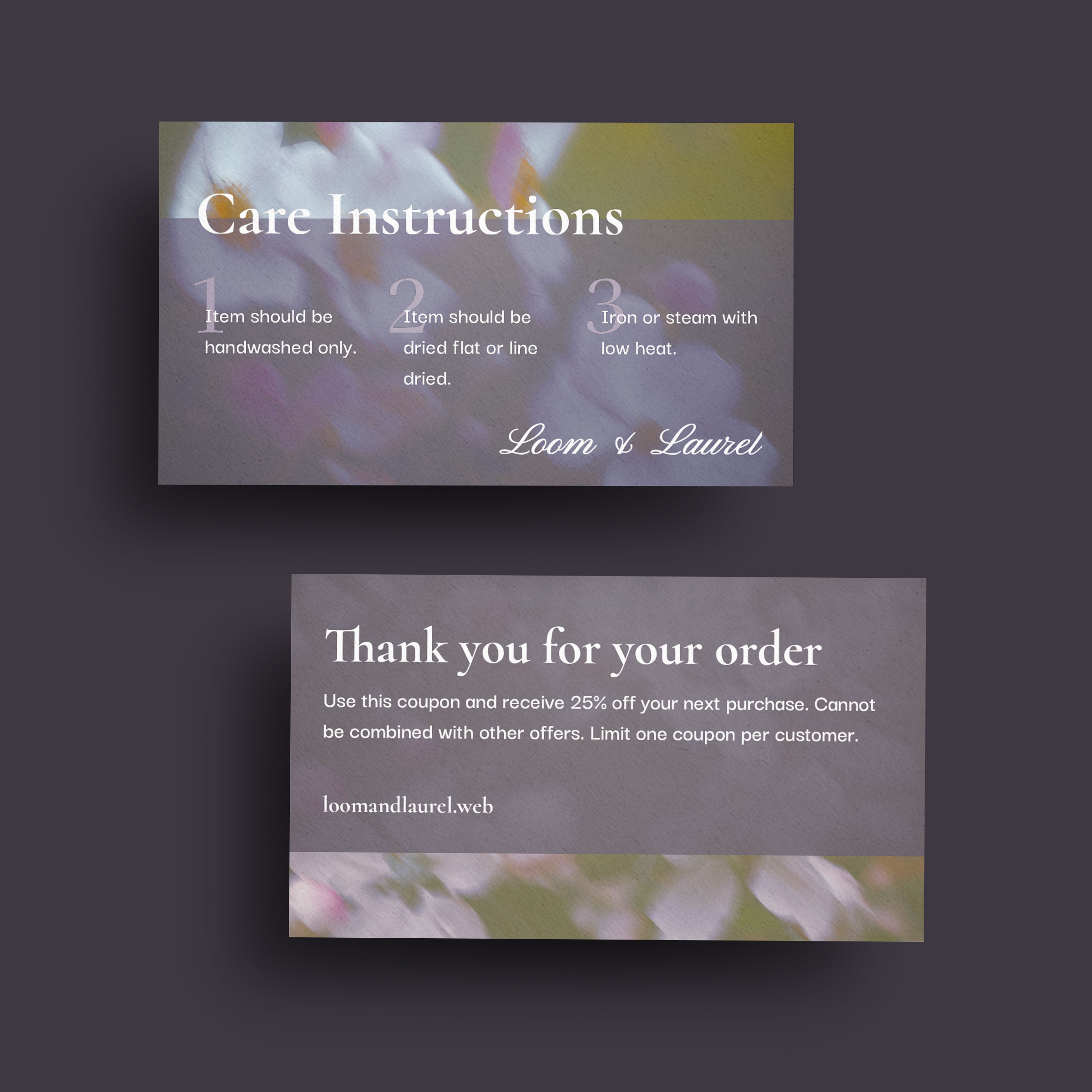 Care Instructions Business Card blur box insert business card care instructiond dreamy feminine floral flowers focus soft thank you use case