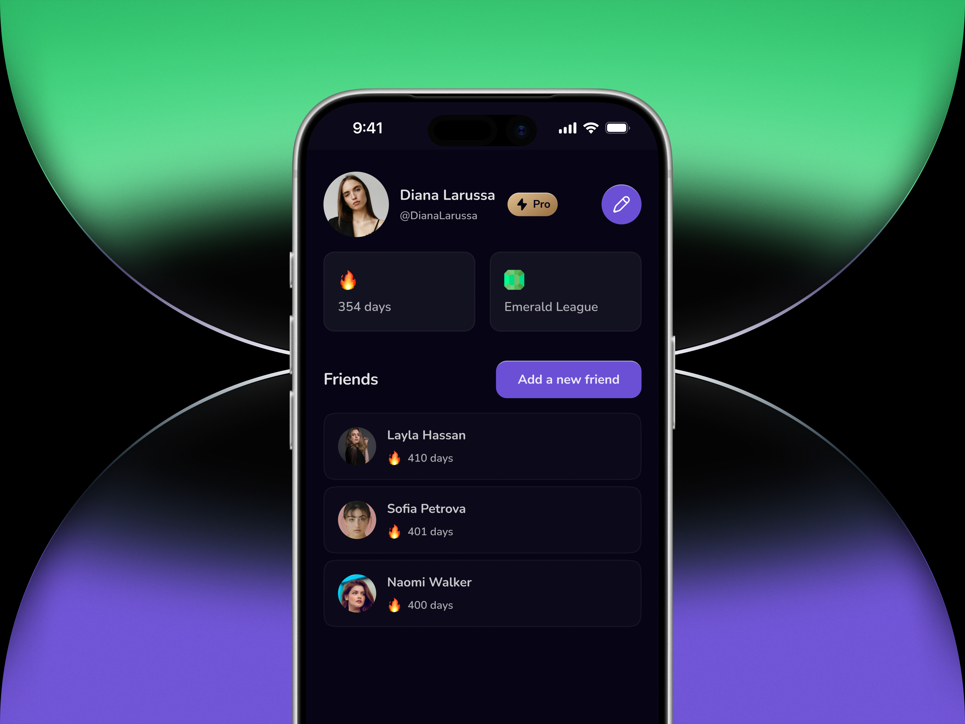 Profile & Social Progress – Focus App UI behavioral design mobile app dark mode profile design figma app showcase focus app social feature habit streak visualization ios productivity app concept league system mobile design minimal dark dashboard ui mobile gamification ui productivity app profile ui social accountability mobile app streak tracking interface
