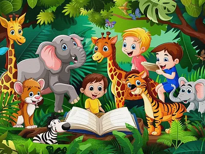 Jungle Tales & Wild Imaginations 🦁📖 | Narrative Illustration animals reading character design childrens book illustration childrens illustration niche digital canvas texture diverse kids art educational illustration elephant character giraffe illustration jungle illustration kid lit artist narrative art nature illustration picture book artist storybook art tiger art vibrant colors visual storytelling whimsical art wild animal art