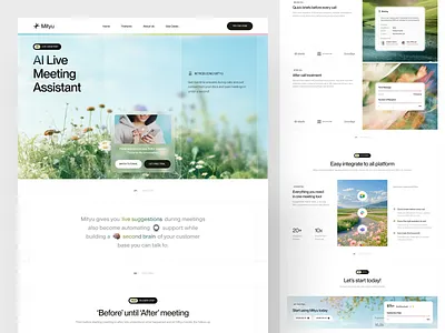 Mityu - AI Tools Landing Page ai branding design illustration interaction landing page meeting assistant minimal nature ui ui design uiux ux design web design website