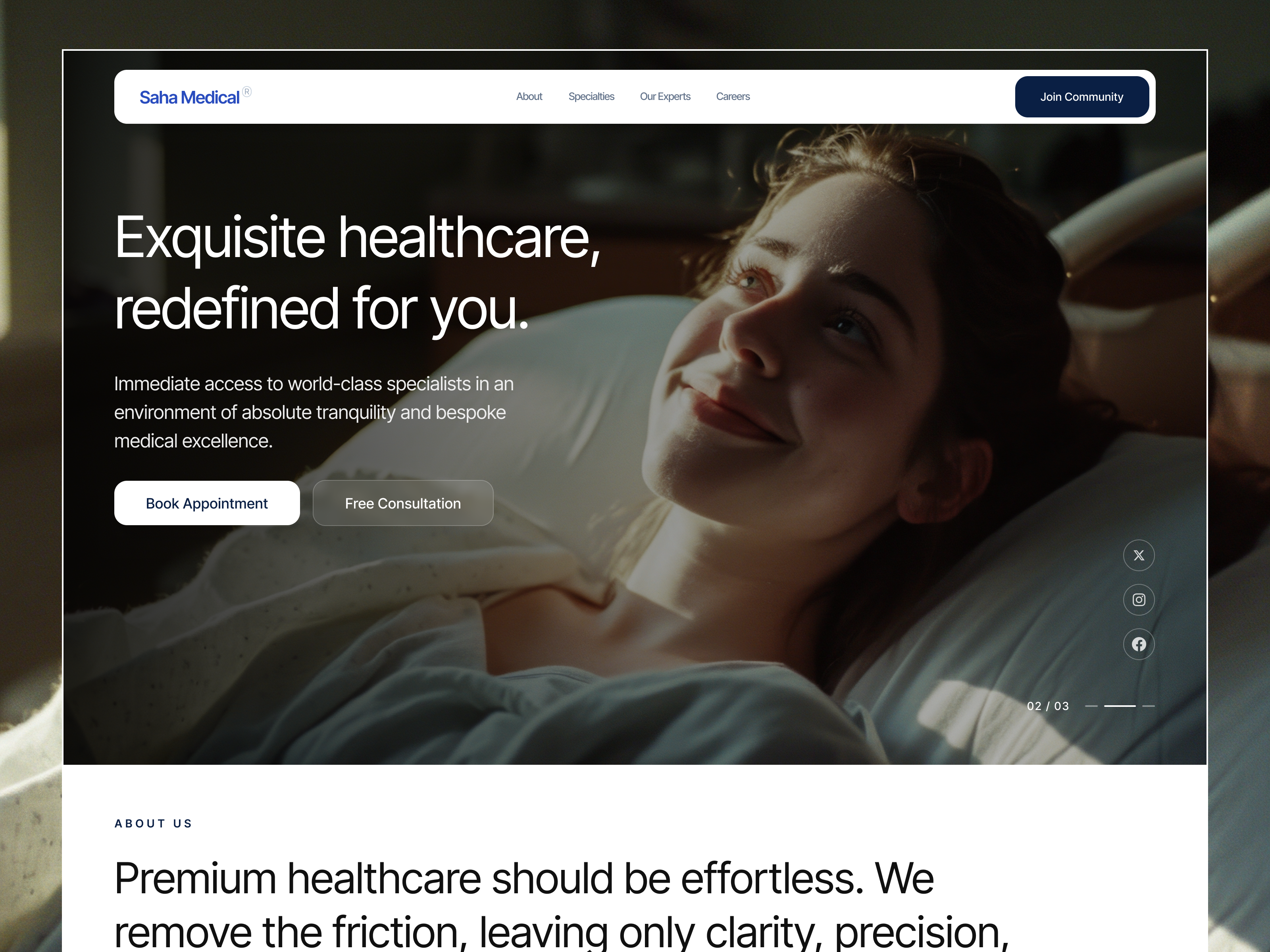 Saha Medical - Medical Clinic Landing Page advanced diagnostics appointment booking clean layout concierge medicine healthcare healthcare design healthspan landing page light theme longevity medical landing page minimalist design modern website premium healthcare private healthcare specialist clinic ui web design