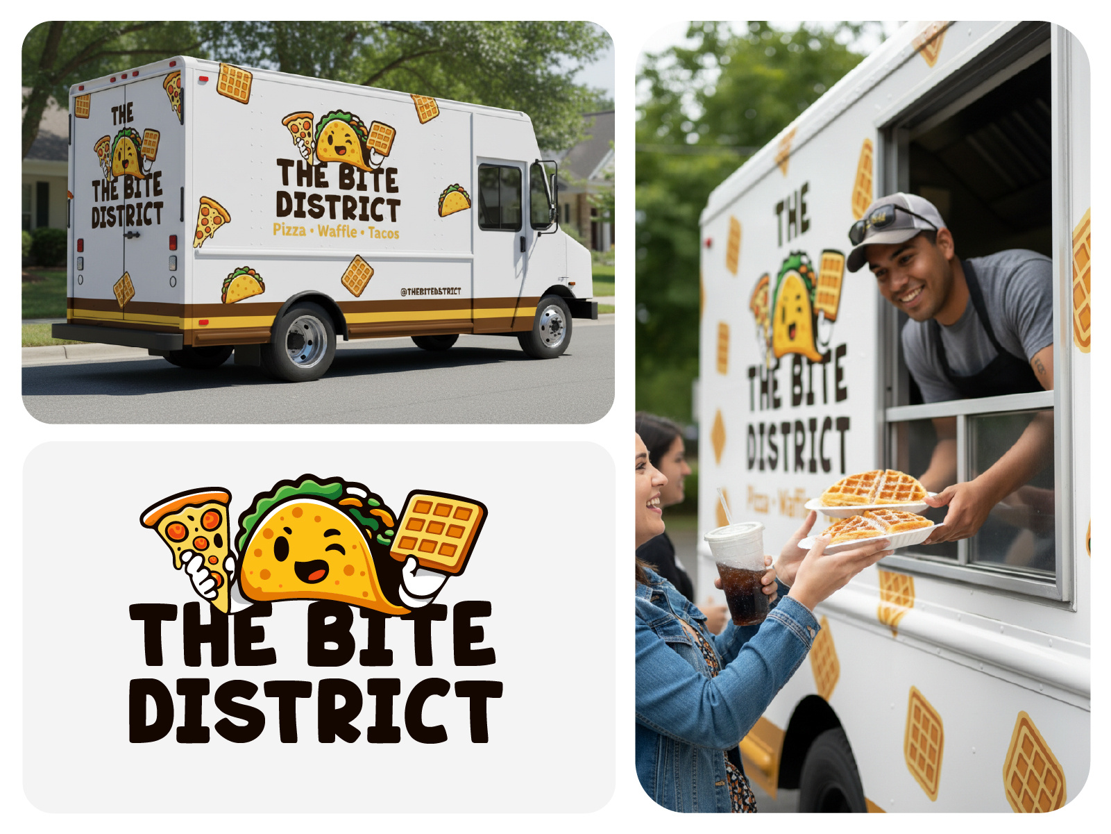 The Bite District - Friendly Taco Logo with Pizza & Waffle ai logo design brand identity food truck logo fusion food branding graphic design food truck hungry character logo illustrator vector logo logo mockup pizza taco waffle pizza waffle design playful food icon street food mascot taco character